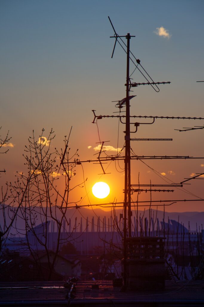Picture of tree and tv antenna silhouettes on the roof during the sunset in Zagreb in Croatia A picture of tree and tv antenna silhouettes on the roof during the sunset in Zagreb in Croatia